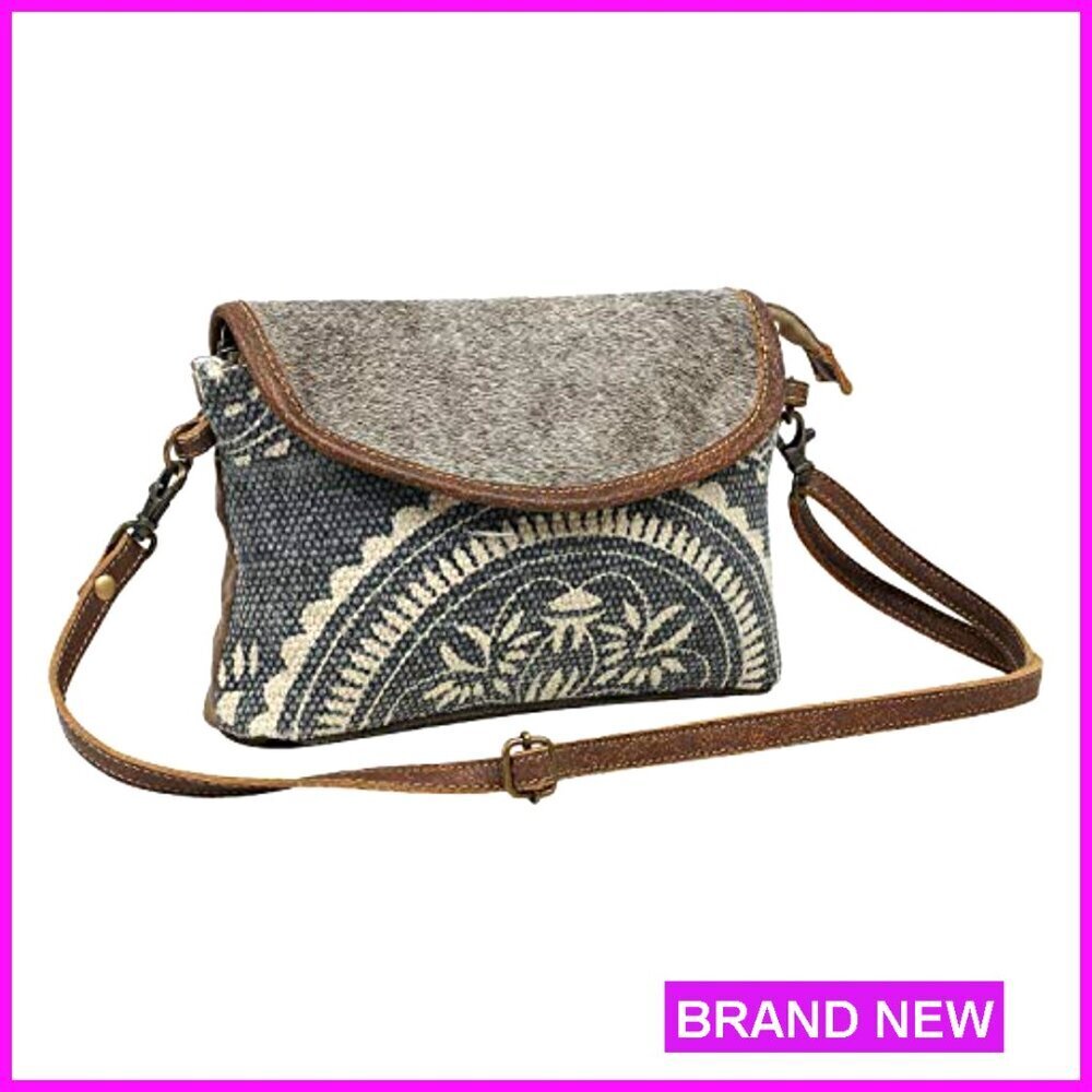 Canvas Crossbody Bag with Leather Strap Floral Mosaic Boho Chic Handcrafted - Picture 6 of 6